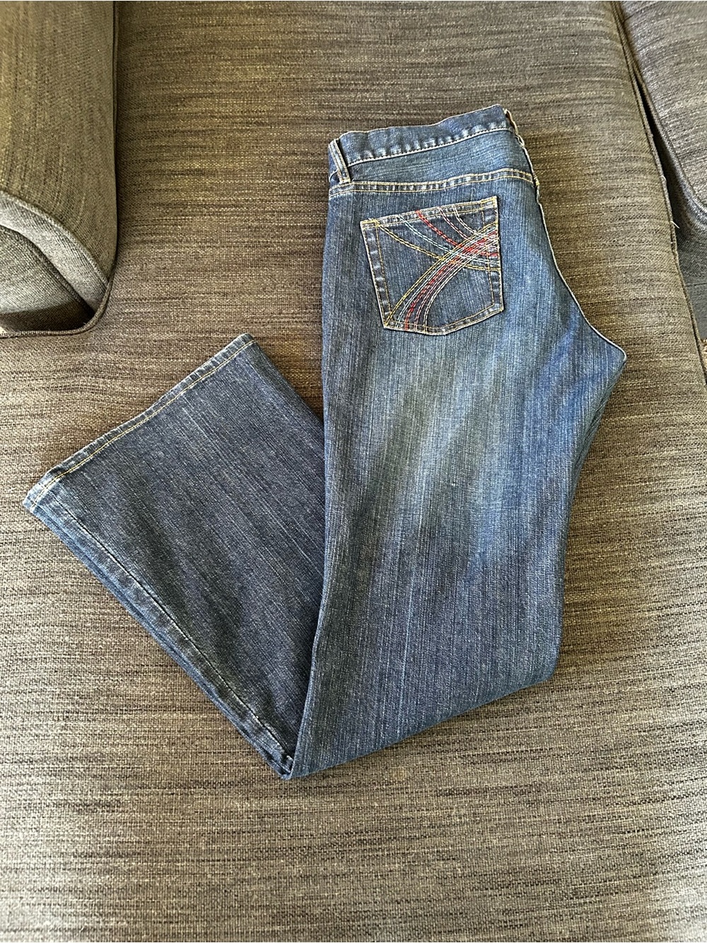 French Connection Vintage Flare Jeans w/ Rainbow Metallic Stitching, size 12